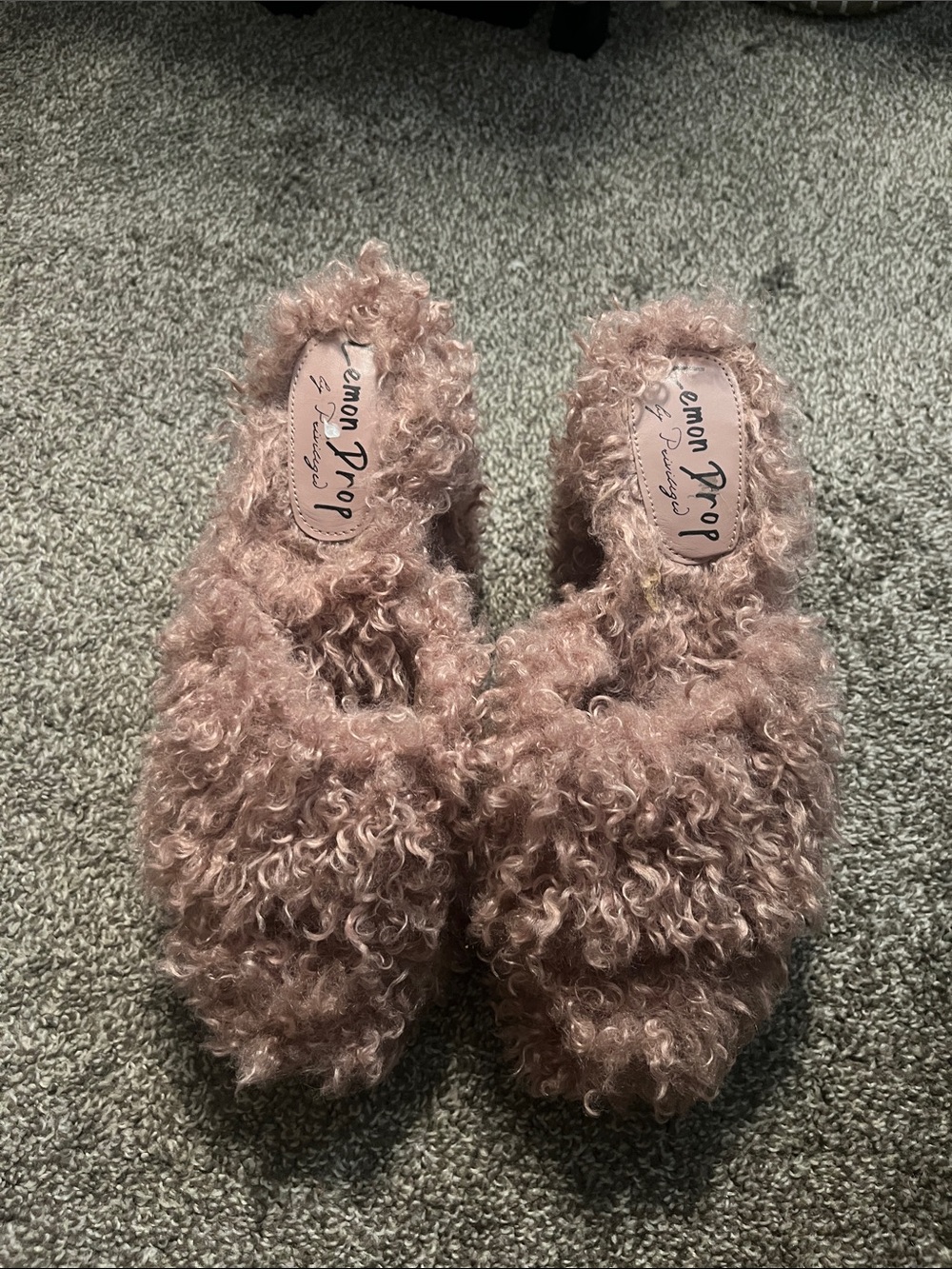 Privileged Curly Faux-Fur Slip-On Heels in Dusty Pink